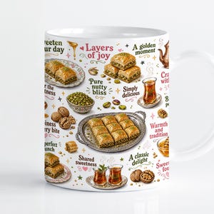 Może przedstawiać: Biały ceramiczny kubek z kolorowymi ilustracjami baklawy, szklanek do herbaty, orzechów włoskich i miodu. Wzór zawiera napisy takie jak Layers of joy, Pure nutty bliss, Simply delicious, Warmth and tradition oraz A classic delight rozmieszczone wokół.