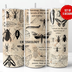 May include: Set of five tumbler designs featuring vintage illustrations of insects and quotes about entomology. The designs include quotes like "Insects are the real superheroes of nature." and "Entomology is my passion, bugs are my companions."