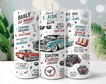 Kustom Car Tumbler Wrap PNG, Rockabilly Auto 20oz Skinny Tumbler Sublimation Design, Digital Download