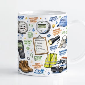 May include: A white ceramic mug featuring a colourful graphic print of utility meter reading equipment, including a digital meter, a clipboard checklist, a torch, a high-visibility vest, work boots, a service van, and text labels.