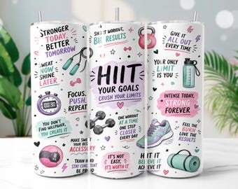HIIT Fitness Tumbler Wrap PNG, Motivational Workout 20oz Skinny Tumbler Sublimation Design, Digital Download