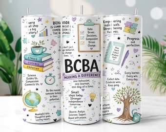 BCBA Tumbler Wrap PNG, Autism Therapist 20oz Skinny Tumbler Sublimation Design, Digital Download