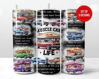Muscle Cars Life Tumbler Wrap Sublimation Design, Skinny 20oz Straight Tumbler PNG Template, Digital Download