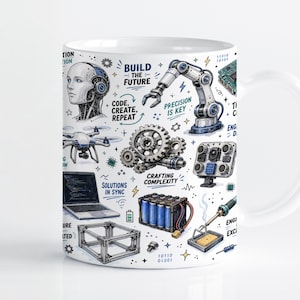 Pode incluir: Uma caneca de cerâmica branca com uma ilustração técnica detalhada de uma cabeça de robô, braço robótico, drone, engrenagens, portátil, bateria e ferro de soldar, incluindo o texto "BUILD THE FUTURE" e "CODE, CREATE, REPEAT" em azul.