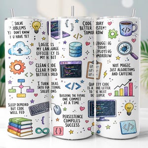 May include: A white cylindrical tumbler featuring a colourful pattern of programming-themed illustrations and text, including phrases like I SOLVE PROBLEMS YOU DON'T KNOW YOU HAVE YET, NOT MAGIC JUST ALGORITHMS AND CAFFEINE, and PERSISTENCE COMPILES SUCCESS.