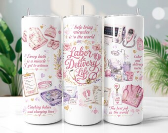Labor and Delivery Nurse Tumbler Wrap PNG, Floral L and D 20oz Skinny Tumbler Sublimation Design, Digital Download