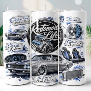 May include: A white cylindrical tumbler featuring a collage of automotive graphics including a classic car, an engine, a brake rotor, and racing seats. Text includes "Vintage Soul, Modern Heart," "Restomods Life," "Classic Reborn," "Pro-Touring," "Classic Perfected," and "The Best of Both Worlds."