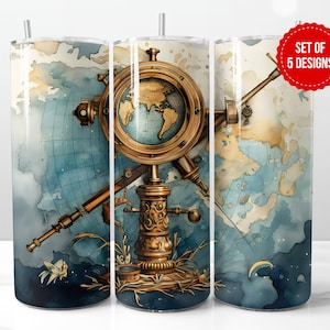 Geographie Nautical Tumbler Wrap Sublimationsdesign, Weltkarte Kompass Skinny 20 Unzen gerader Becher PNG Vorlage, digitaler Download
