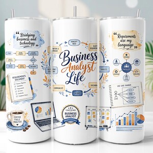 Pode incluir: Três copos cilíndricos brancos com palhinhas, apresentando ilustrações coloridas de fluxos de trabalho de análise de negócios, gráficos, um portátil, uma caneca de café com o rótulo 'Coffee Fuels Analysis' e textos como 'Business Analyst Life'.