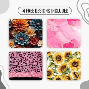 May include: Four digital designs for phone cases or other projects. The designs include a pink and gold marble pattern, a pink and black leopard print, a floral pattern with paper flowers in shades of orange, red, blue, and yellow, and a sunflower pattern with yellow sunflowers and green leaves.