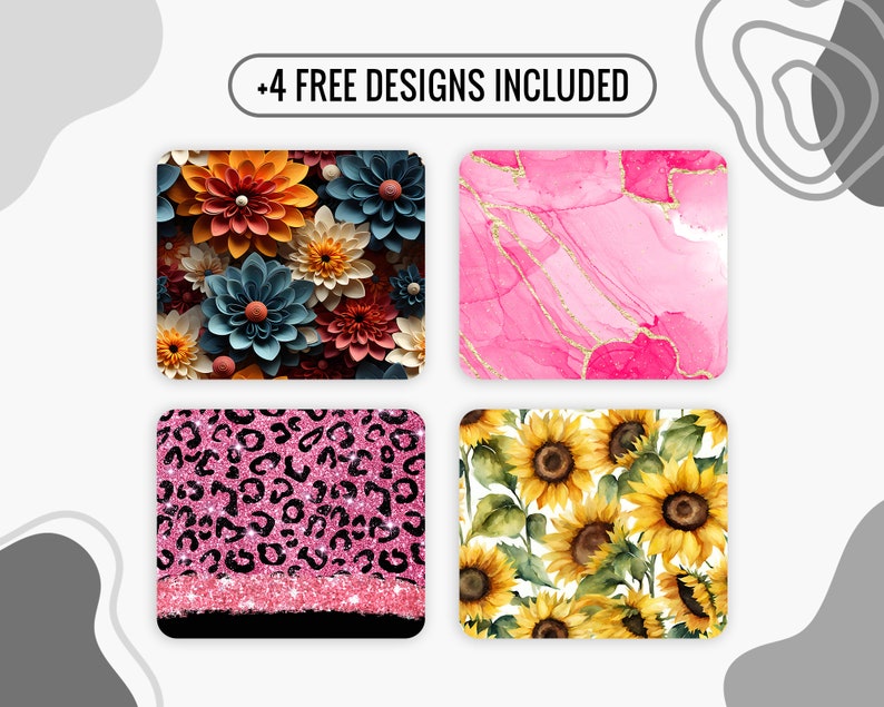 May include: Four digital designs for phone cases or other projects. The designs include a pink and gold marble pattern, a pink and black leopard print, a floral pattern with paper flowers in shades of orange, red, blue, and yellow, and a sunflower pattern with yellow sunflowers and green leaves.
