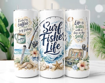 Surf Fishing Tumbler Wrap PNG, Beach Ocean 20oz Skinny Tumbler Sublimation Design, Digital Download
