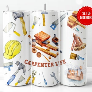 May include: Set of five 20 oz. stainless steel tumblers with a white background and watercolor illustrations of carpentry tools. The tumblers feature a variety of tools, including a hammer, saw, wrench, screwdriver, and paintbrush. The text "Carpenter Life" is printed on one of the tumblers.