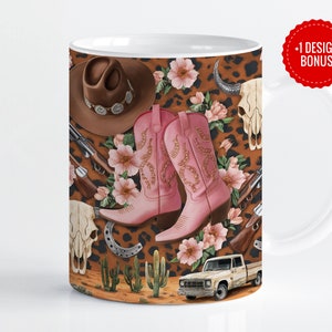 Western Cowgirl Pink Boots Mug Wrap Sublimation Template, 11oz & 15oz Designs, Cricut Mug Press PNG, Digital Download