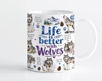 Wolf Lover Mug Wrap Sublimation Design PNG, Watercolor Wilderness 11oz & 15oz Cricut Mug Press Template, Digital Download