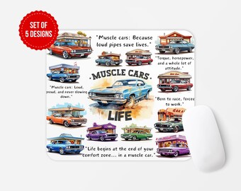 May include: A colorful mousepad with a watercolor background featuring illustrations of classic muscle cars. The mousepad has quotes about muscle cars, such as "Muscle cars: Because loud pipes save lives." and "Life begins at the end of your comfort zone... in a muscle car."