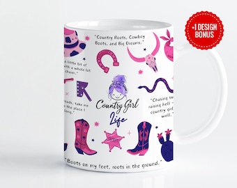 Plantilla de sublimación de envoltura de taza Country Girl Life, diseños de 11 oz y 15 oz, Cricut Mug Press PNG, Descarga digital