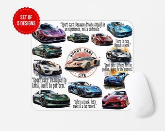 May include: A mousepad with a white background and a collage of colorful watercolor illustrations of sports cars. The mousepad features quotes about sports cars, such as "Sport cars: Because driving should be an experience, not a commute." and "Sport cars: Designed to thrill, built to perform."