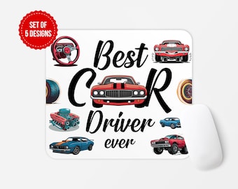 May include: A white mousepad with a red, black, and blue car design. The text "Best Car Driver Ever" is written in black.