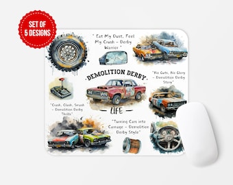 May include: A watercolor illustration of a demolition derby mousepad with a red, white, and blue car in the center. The mousepad features several other cars, a gear shift, a tire, and a steering wheel. The text on the mousepad reads "Demolition Derby. Life - Turning Cars into Carnage - Demolition Derby Style."