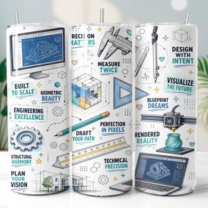 May include: A white cylindrical tumbler featuring a multi-colored engineering-themed print. Graphics include a computer monitor, a 3D printer, a pencil, a ruler, a compass, and gears. Text includes "Precision Matters," "Measure Twice," and "Design with Intent."