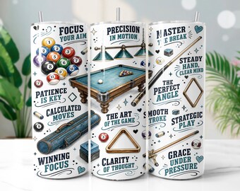 Billiards Tumbler Wrap PNG, Pool Hall 20oz Skinny Tumbler Sublimation Design, Digital Download