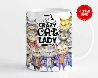 May include: White ceramic mug with a black and white illustration of a group of cats with the text "Crazy Cat Lady".