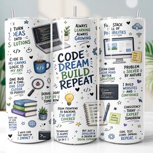 Puede incluir: Un vaso cilíndrico blanco con un estampado gráfico colorido de temática de programación y textos que incluyen "CODE DREAM BUILD REPEAT", "I TURN IDEAS INTO SOLUTIONS" y "FULL STACK FULL OF POSSIBILITIES", con una pajita de metal.