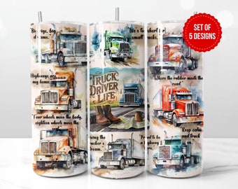 Truck Driver Life Tumbler Wrap Sublimation Design, Skinny 20oz Straight Tumbler PNG Template, Digital Download