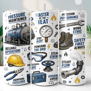 Puede incluir: Un vaso cilíndrico blanco con gráficos industriales que incluyen una caldera azul, casco amarillo, alicates, manómetro, botas de trabajo, llave inglesa, caja de herramientas y tubería. El texto incluye Pressure Maintained, Master of the Heat.