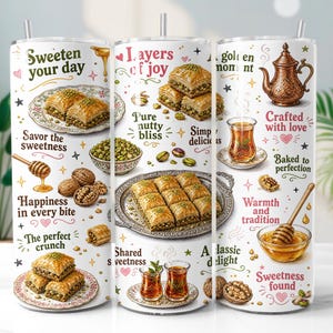 Könnte beinhalten: Ein zylindrischer Becher mit weißem Hintergrund und bunten Illustrationen von Baklava, Teegläsern, Honiglöffeln und Walnüssen. Der Text umfasst Sweeten your day, Layers of joy, Pure nutty bliss, Savor the sweetness und Crafted with love.