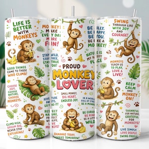 Monkey Tumbler Wrap PNG, Cute Animal 20oz Skinny Tumbler Sublimation Design, Digital Download