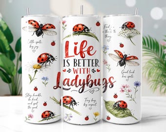 Ladybug Tumbler Wrap PNG, Floral Garden 20oz Skinny Tumbler Sublimation Design, Digital Download