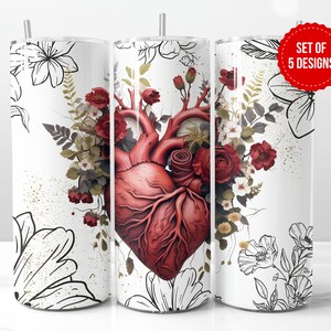 Rose Heart Tumbler Wrap Sublimation Design, Skinny 20oz Straight Tumbler PNG Template, Digital Download