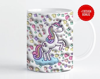 3D Unicorn Mug Wrap Sublimation Template, 11oz & 15oz Designs, 3D Inflated Puffy Cute Girls Gift Cricut Mug Press PNG, Digital Download