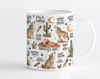Coyote Desert Mug Wrap Sublimation Design PNG, Boho Southwestern 11oz & 15oz Cricut Mug Press Template, Digital Download