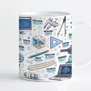 Könnte beinhalten: Ein weißer Keramikbecher mit einem wiederkehrenden Muster aus Ingenieurs- und Designillustrationen, darunter ein Computermonitor, ein Messschieber, ein Zirkel, ein Lineal, ein Bleistift, ein 3D-Drucker und ein Laptop, ergänzt durch verschiedene Schriftzüge.