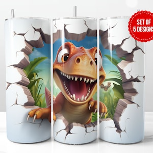 3D T-Rex 恐竜ベビー子供用タンブラー ラップ昇華デザイン、スキニー 20 オンス ストレート タンブラー PNG テンプレート、デジタル ダウンロード