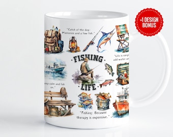 Fishing Life Mug Wrap Sublimation Template, 11oz & 15oz Designs, Cricut Mug Press PNG, Digital Download