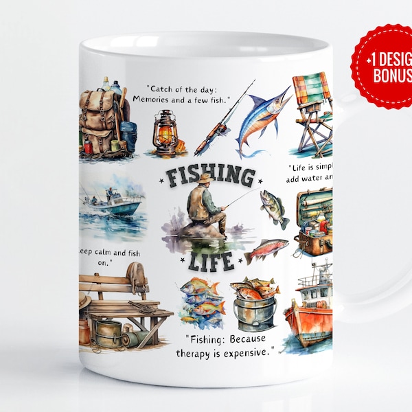 Fishing Life Mug Wrap Sublimation Template, 11oz & 15oz Designs, Cricut Mug Press PNG, Digital Download