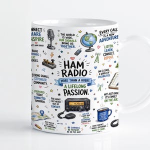 May include: A white ceramic mug featuring colourful illustrations and text related to ham radio. Graphics include a microphone, globe, radio transceiver, and various phrases like "Ham Radio: More than a hobby, a lifelong passion" and "Every call is a new adventure."