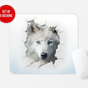 May include: White wolf with blue eyes peeking through a cracked white wall. The wolf's head and neck are visible, with a soft, fluffy coat. The background is a light blue gradient.