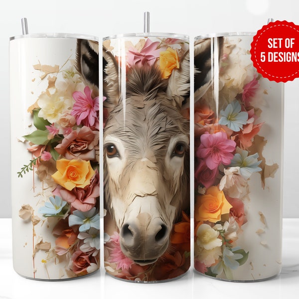 3D Floral Donkey Tumbler Wrap Sublimation Design, Best farm Gift for farmer, Skinny 20oz Straight Tumbler PNG Template, Digital Download