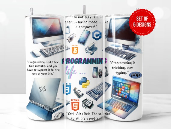 Programming Life Tumbler Wrap Sublimation Design, Skinny 20oz Straight Tumbler PNG Template, Digital Download