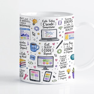 May include: A white ceramic mug featuring a colorful pattern of coding-themed illustrations and text, including phrases like Code Today Create Tomorrow, Eat Sleep Code Repeat, and various icons of laptops, monitors, tablets, and coffee cups.