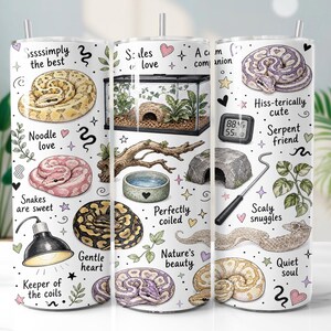 May include: A cylindrical tumbler featuring a white background with illustrations of various snakes, a terrarium, a water bowl, a heat lamp, a digital thermometer, and a snake hook. Text includes Ssssimply the best, Noodle love, and Hiss-terically cute.