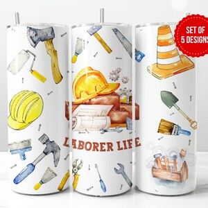 May include: Set of five watercolor designs featuring various construction tools and a hard hat. The designs include a toolbox, a paintbrush, a shovel, a saw, a hammer, a wrench, a level, a tape measure, and a traffic cone. The text "LABORER LIFE" is featured on one of the designs.