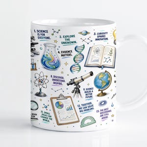 Puede incluir: Una taza de cerámica blanca con un estampado colorido de temática científica. Las ilustraciones incluyen un microscopio, una cadena de ADN, un telescopio, un globo terráqueo y un libro abierto. El texto incluye frases como Science is for everyone.
