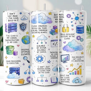 May include: A white cylindrical tumbler featuring a colorful pattern of cloud computing icons, server racks, and motivational text including "Cloud Engineer: Designing Today, Scaling Tomorrow, Securing Always" and "The Cloud is My Canvas."