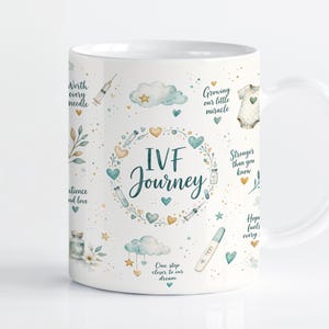 Op de afbeelding: Een witte keramische mok met een aquarelontwerp met de tekst "IVF Journey" omringd door illustraties van injectiespuiten, wolken, hartjes, een rompertje en een zwangerschapstest, samen met zinnen als "Worth every needle" en "Growing our little miracle."